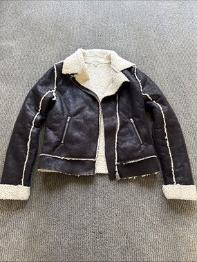 Splendid Black Faux Shearling Lined Jacket with Cream Trim